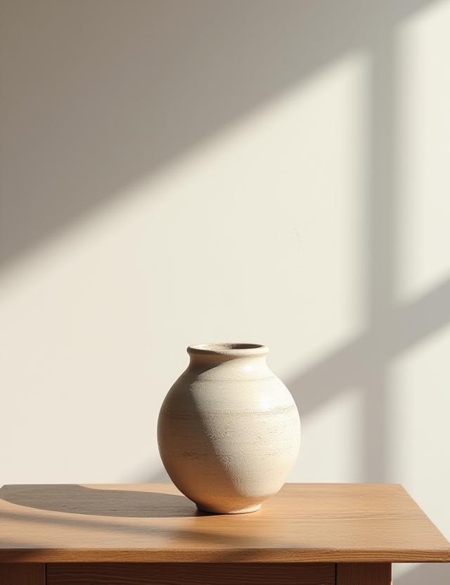 En skulpturel stentøjsvase placeret i et minimalistisk nordisk interiør med blødt sidelys