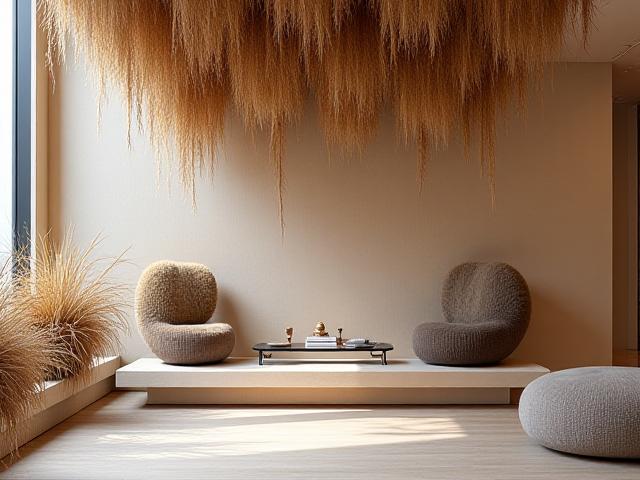 Før og efter transformation af butikslokale med tørrede blomsterinstallationer