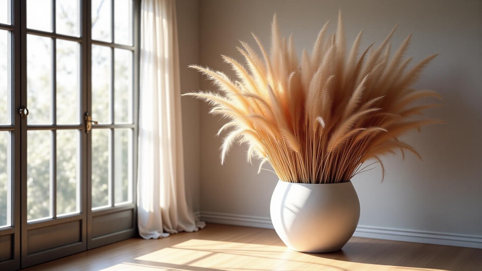 Storslået tørret blomsterinstallation i minimalistisk dansk stue