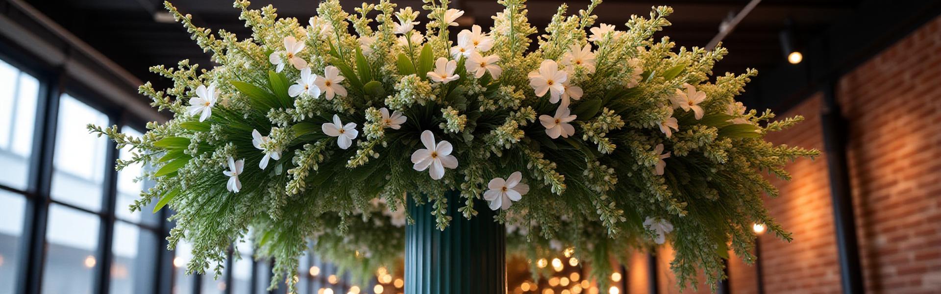 Stor floral installation til et moderne københavnsk bryllup