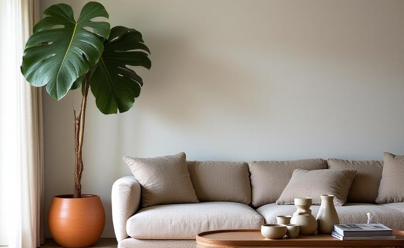 Luksuriøst opholdsrum med store gulvplanter og kintsugi-keramik