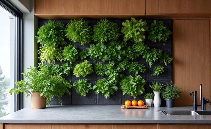 Moderne køkken med indbygget levende plantevæg