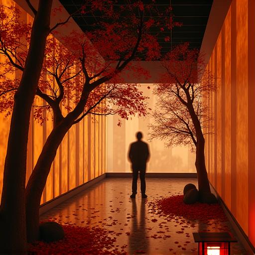 A gallery installation with autumn leaves and lighting to evoke a scene from a novel.