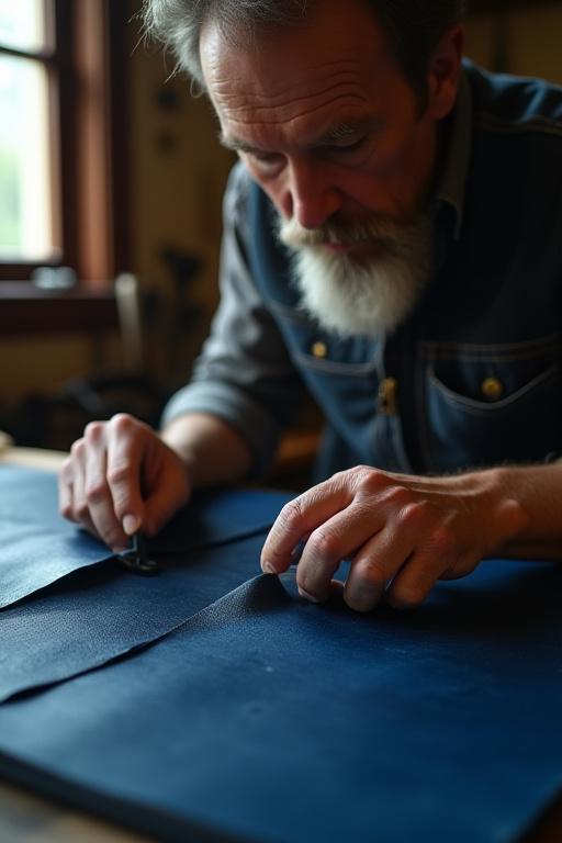 A master craftsman examining a finished piece of indigo-dyed leather in natural light.