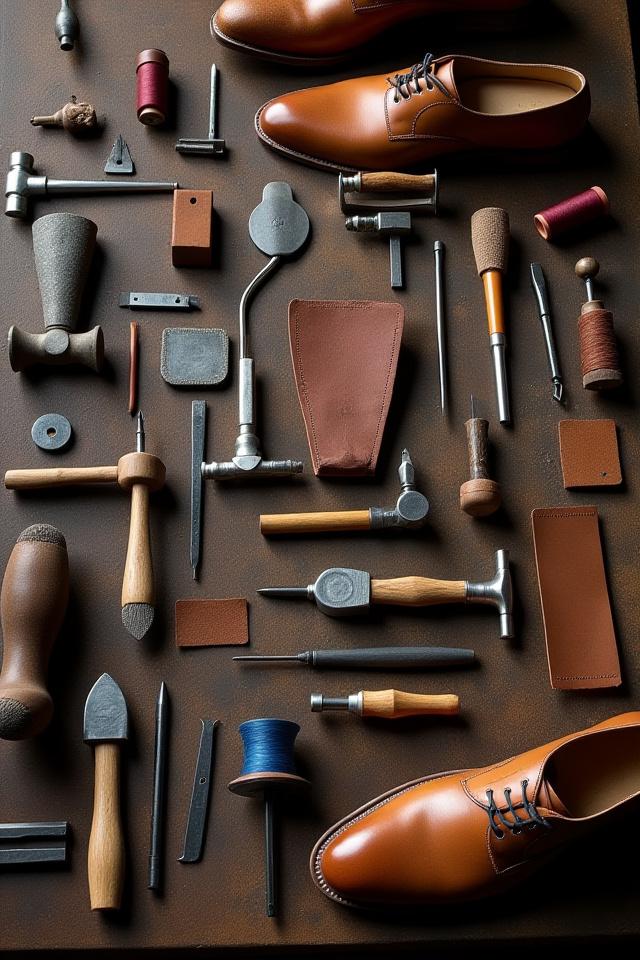 Intricate tools and materials on a craftsman's workbench for shoe making.