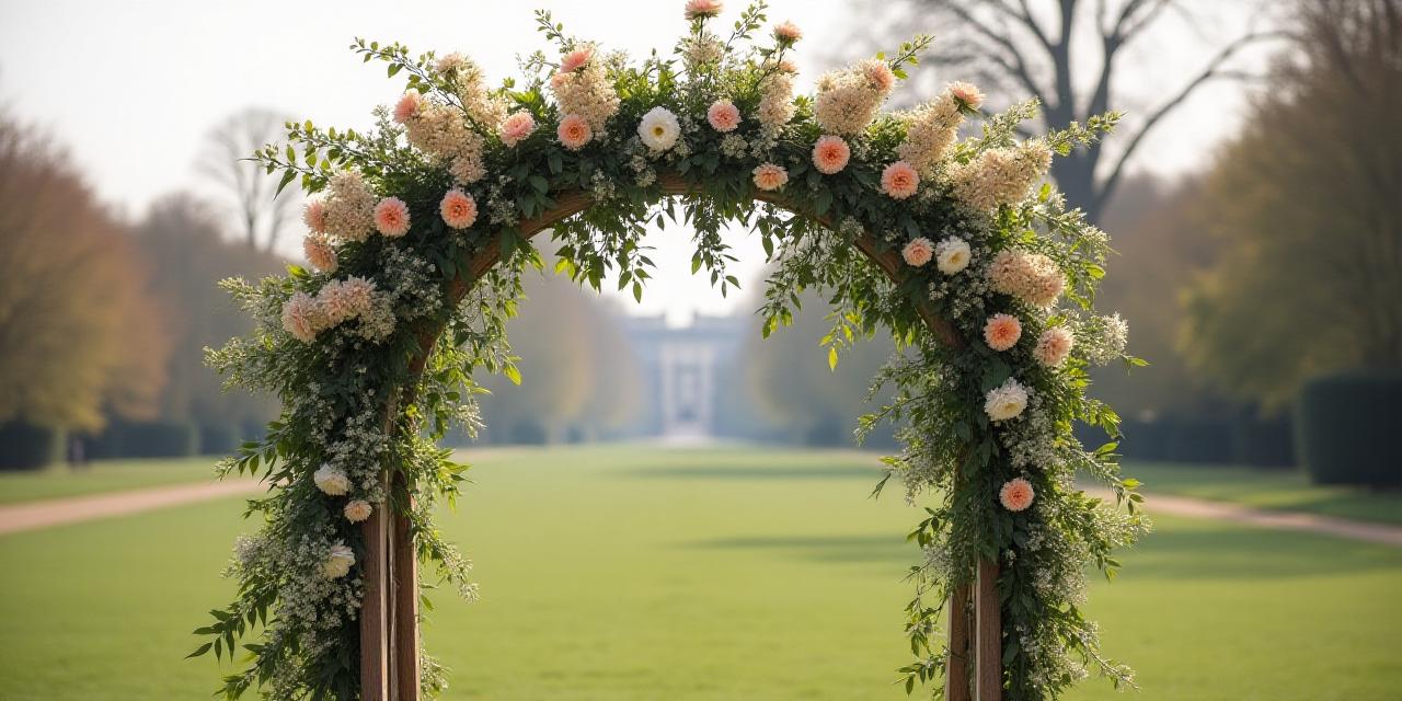 Storslået blomsterportal ved en udendørs ceremoni