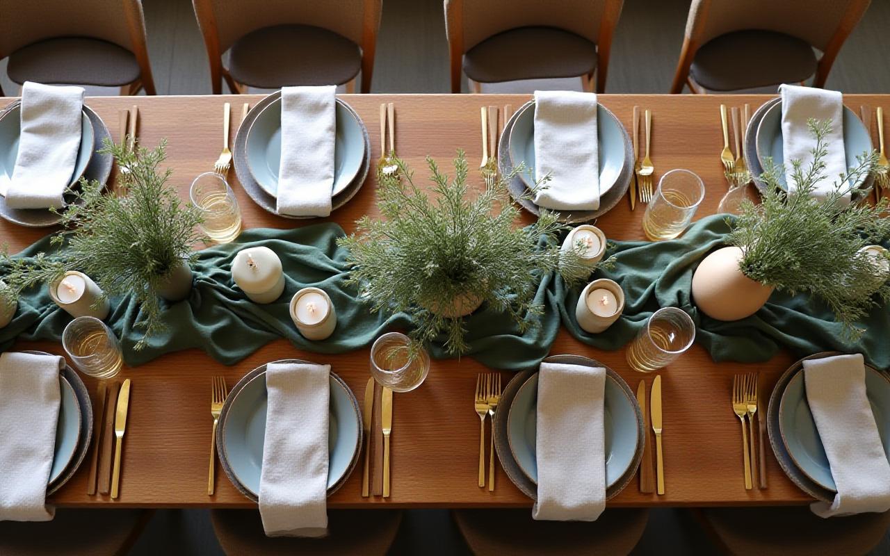 Eksklusiv borddækning med blomsterløbere og håndlavet keramik